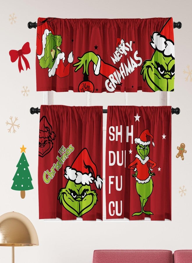 Cuteiush Christmas Holiday Kitchen Curtain Small Window Swag and Tiers with Rod Pocket Xmas Farmhouse Bathroom and Laundry Short Curtains Decoration 3 Panel Red Set - Image 2